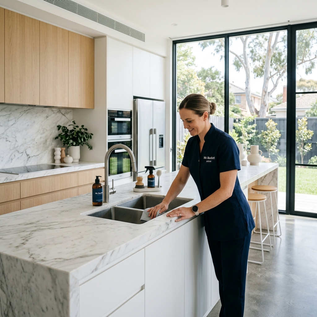 Professional Mr. Bucket cleaner in a modern Melbourne kitchen