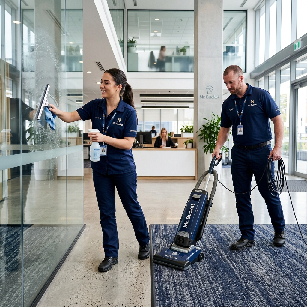 Collaborative Mr. Bucket cleaning team in action